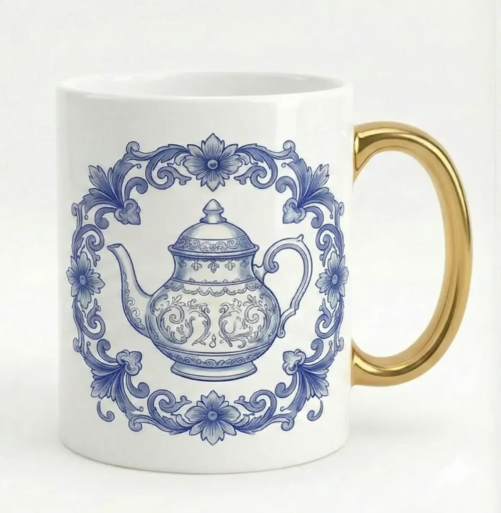 ספל לבן עם ידית זהב ועליו איור קומקום כחול בסגנון וינטג' - ספל מעוצב